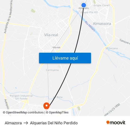 Almazora to Alquerías Del Niño Perdido map
