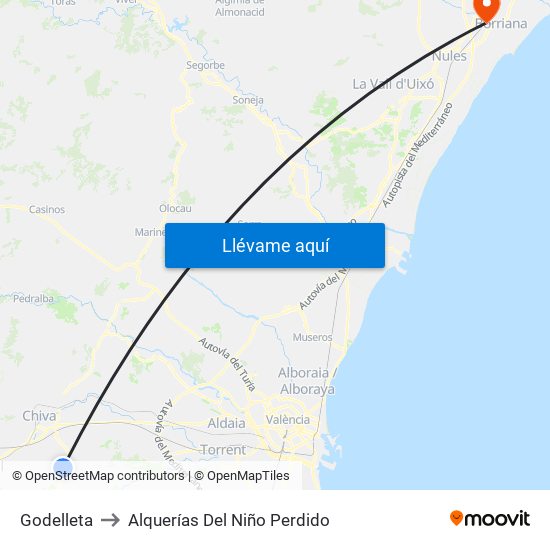 Godelleta to Alquerías Del Niño Perdido map