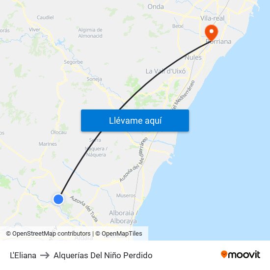 L'Eliana to Alquerías Del Niño Perdido map