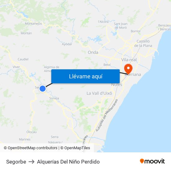 Segorbe to Alquerías Del Niño Perdido map