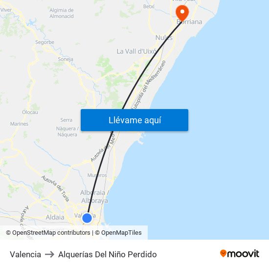 Valencia to Alquerías Del Niño Perdido map