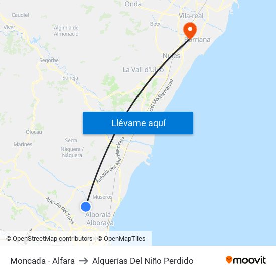 Moncada - Alfara to Alquerías Del Niño Perdido map