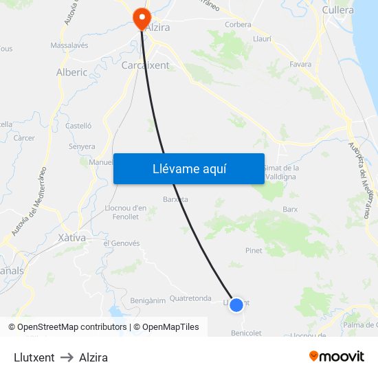 Llutxent to Alzira map