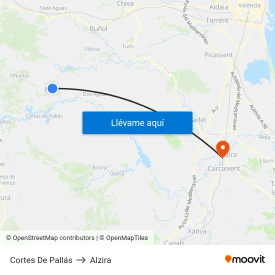 Cortes De Pallás to Alzira map