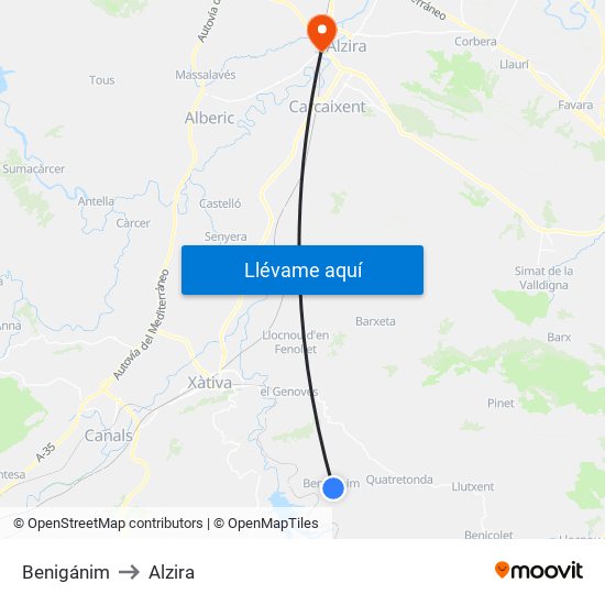 Benigánim to Alzira map