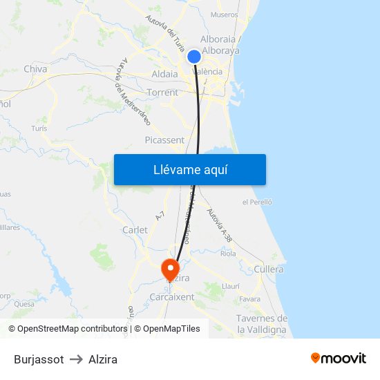 Burjassot to Alzira map
