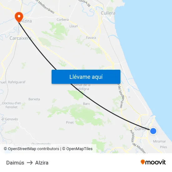 Daimús to Alzira map