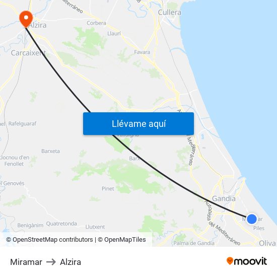Miramar to Alzira map