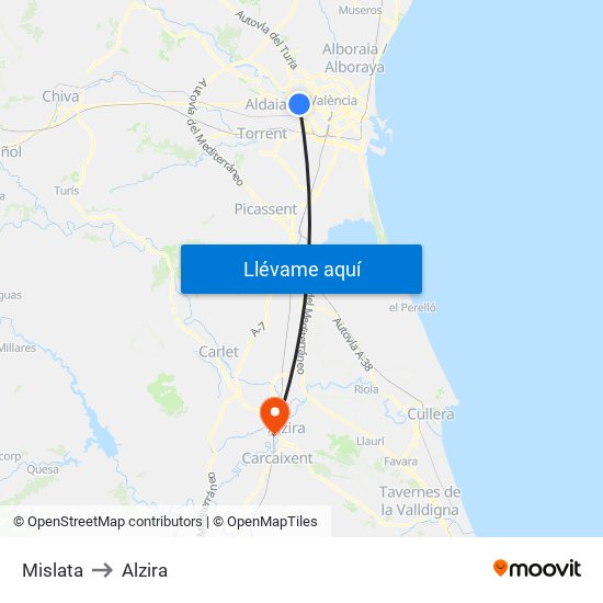 Mislata to Alzira map