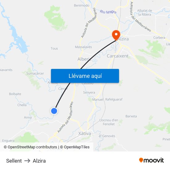Sellent to Alzira map