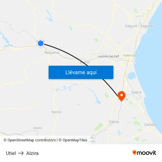Utiel to Alzira map