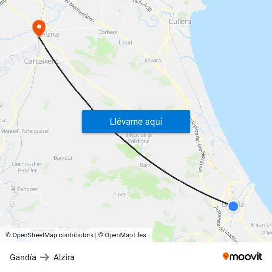 Gandía to Alzira map