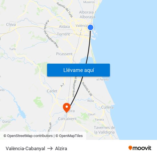 València-Cabanyal to Alzira map