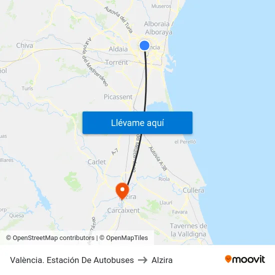 València. Estación De Autobuses to Alzira map