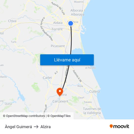 Àngel Guimerá to Alzira map