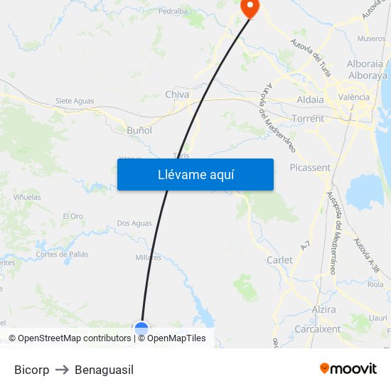 Bicorp to Benaguasil map