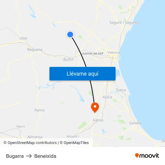 Bugarra to Beneixida map