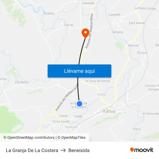 La Granja De La Costera to Beneixida map