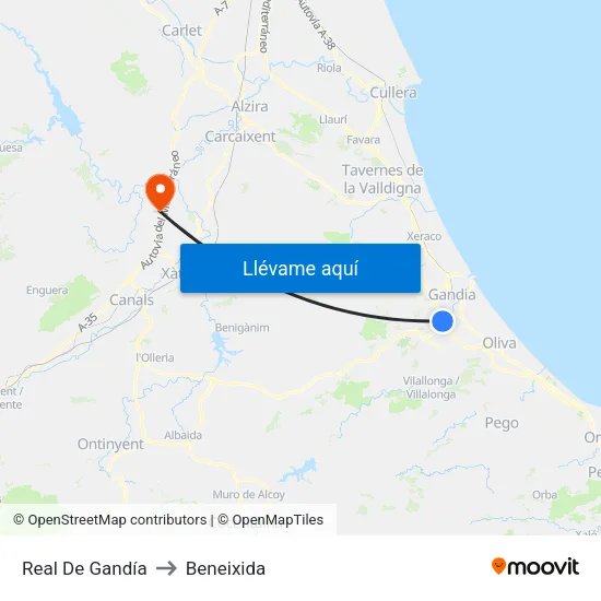 Real De Gandía to Beneixida map