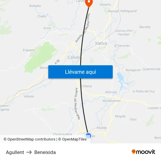 Agullent to Beneixida map
