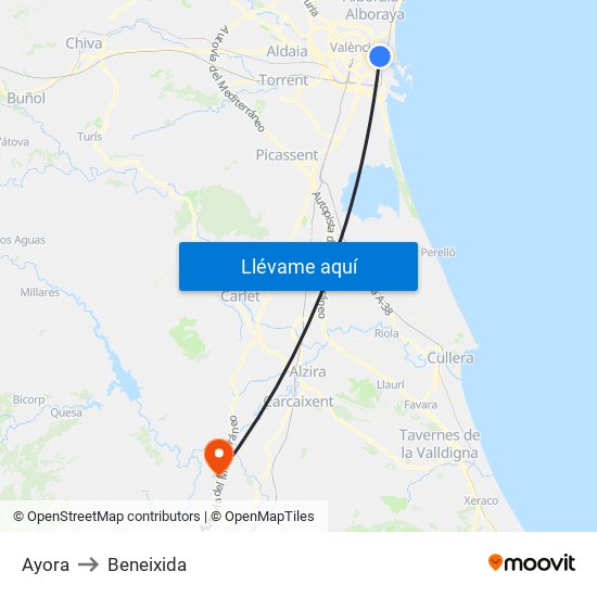 Ayora to Beneixida map