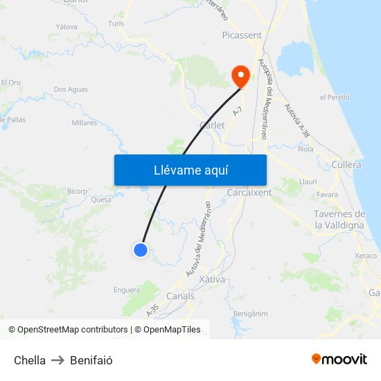 Chella to Benifaió map