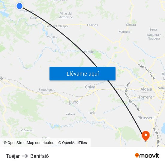 Tuéjar to Benifaió map