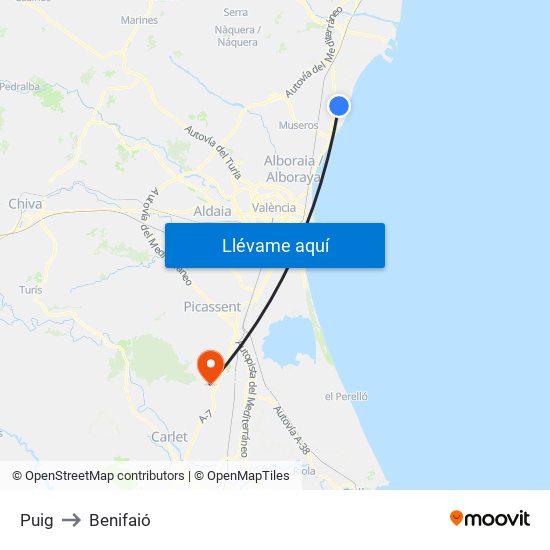 Puig to Benifaió map
