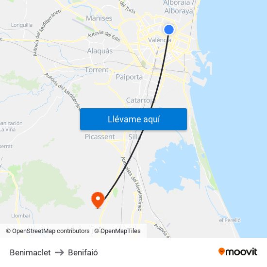 Benimaclet to Benifaió map