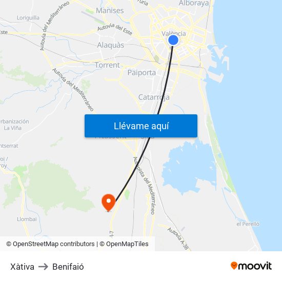 Xàtiva to Benifaió map