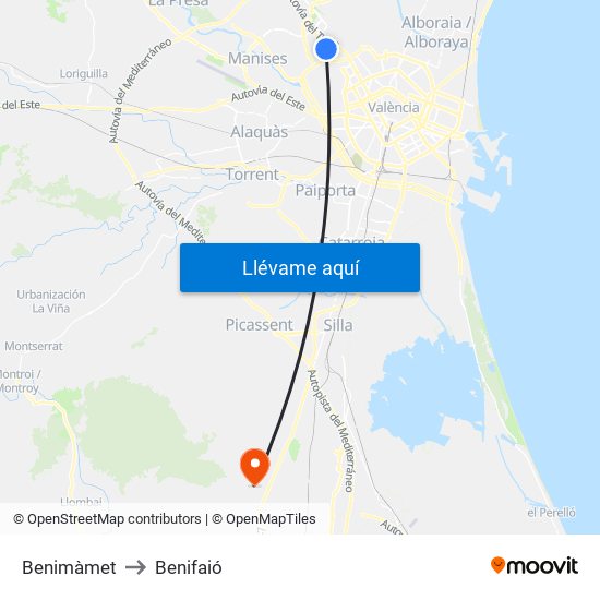 Benimàmet to Benifaió map