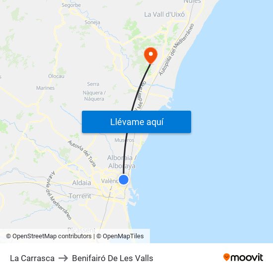 La Carrasca to Benifairó De Les Valls map