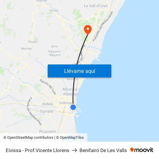 Eivissa - Prof.Vicente Llorens to Benifairó De Les Valls map