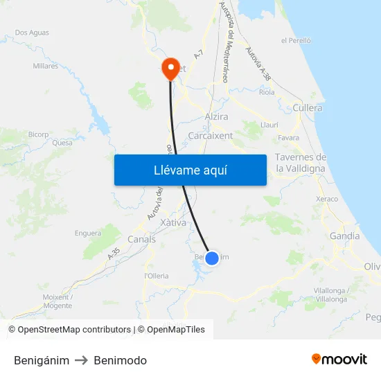 Benigánim to Benimodo map