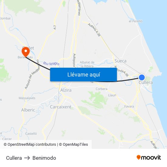 Cullera to Benimodo map