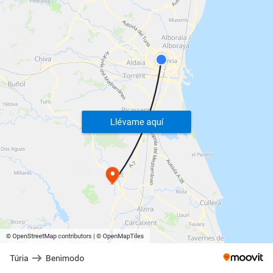 Túria to Benimodo map