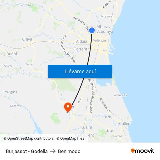 Burjassot - Godella to Benimodo map