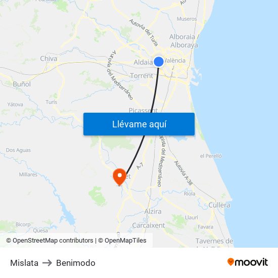 Mislata to Benimodo map