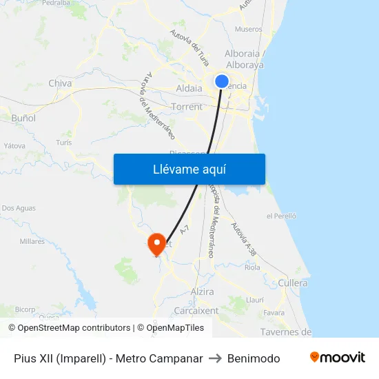 Pius XII (Imparell) - Metro Campanar to Benimodo map