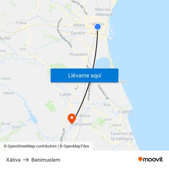 Xàtiva to Benimuslem map