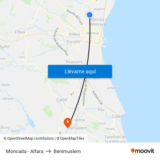 Moncada - Alfara to Benimuslem map