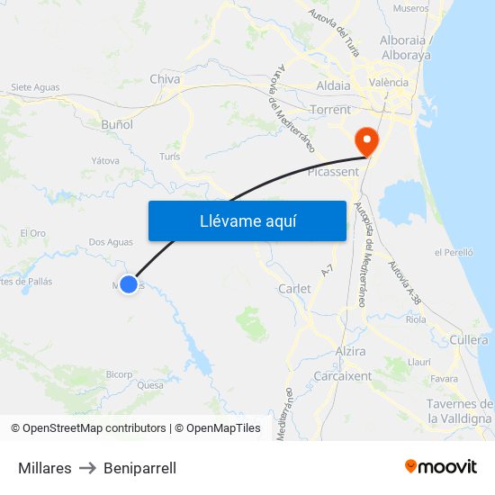 Millares to Beniparrell map