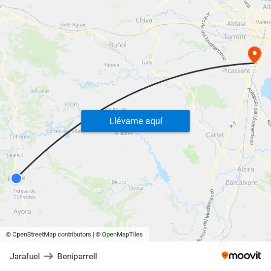 Jarafuel to Beniparrell map