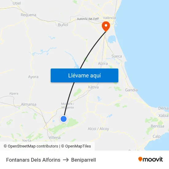 Fontanars Dels Alforins to Beniparrell map