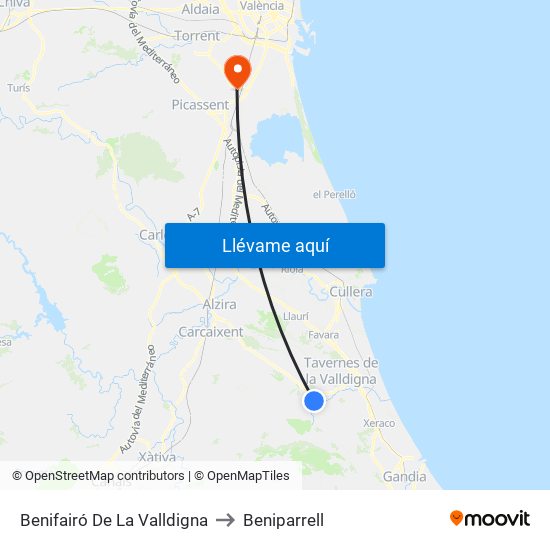 Benifairó De La Valldigna to Beniparrell map