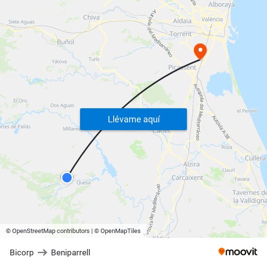 Bicorp to Beniparrell map