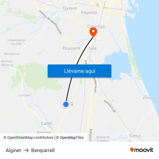 Alginet to Beniparrell map
