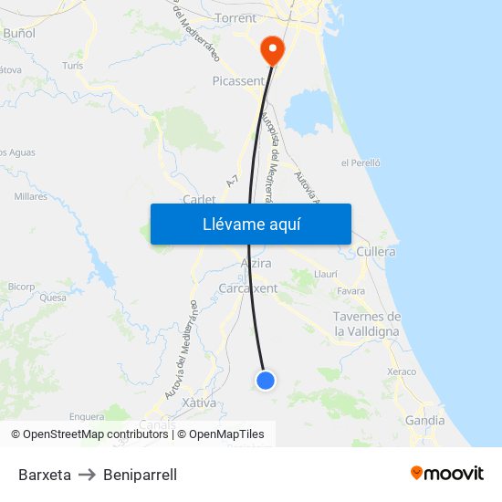 Barxeta to Beniparrell map
