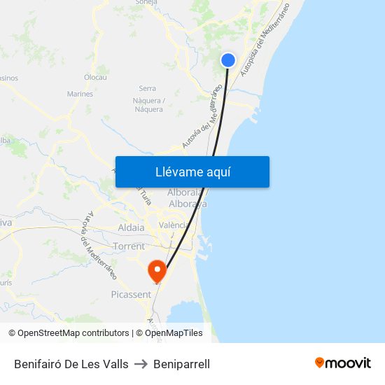 Benifairó De Les Valls to Beniparrell map