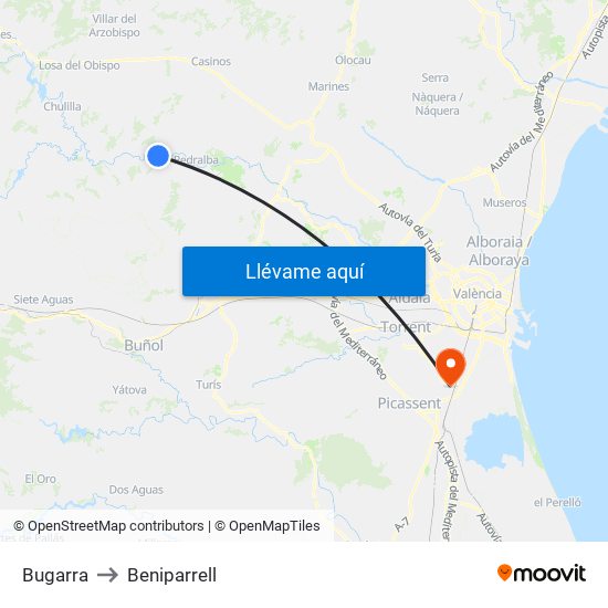 Bugarra to Beniparrell map